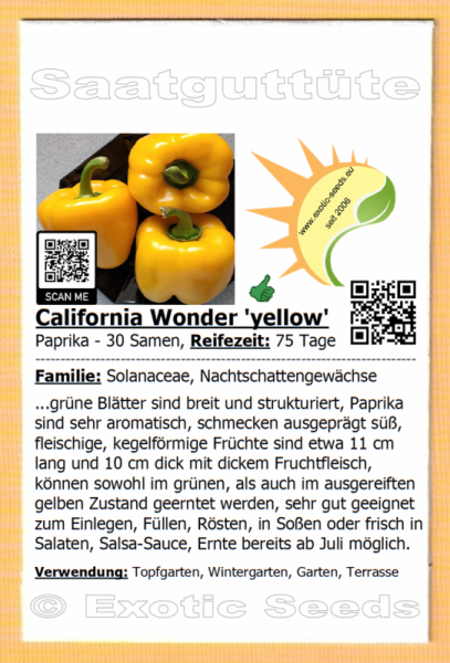 Paprika * California Wonder yellow * 30 Samen